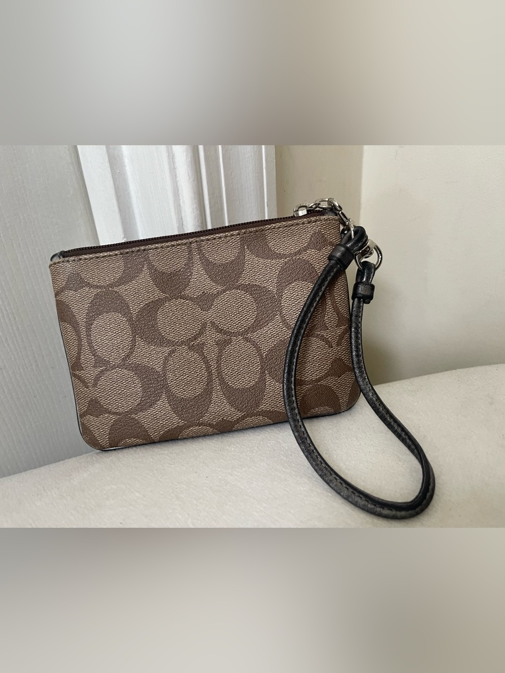 Coach Brown Signature Stripe Wristlet with Black and Cream Center Stripe - Picture 4 of 8